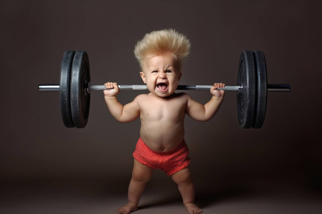 Toddler holding barbell with weights on brown background