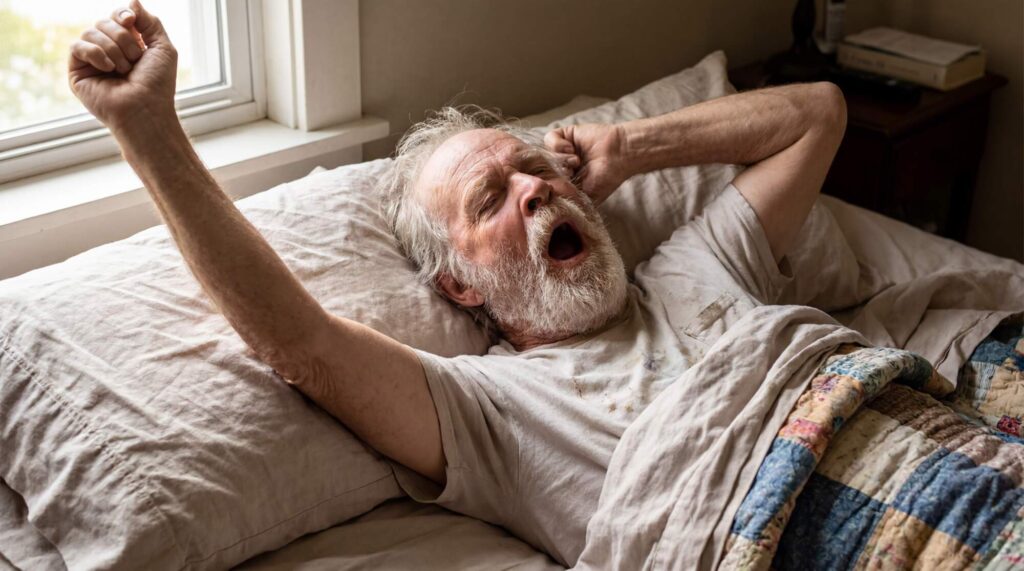 Older man stretching in bed with arms raised, yawning upon waking